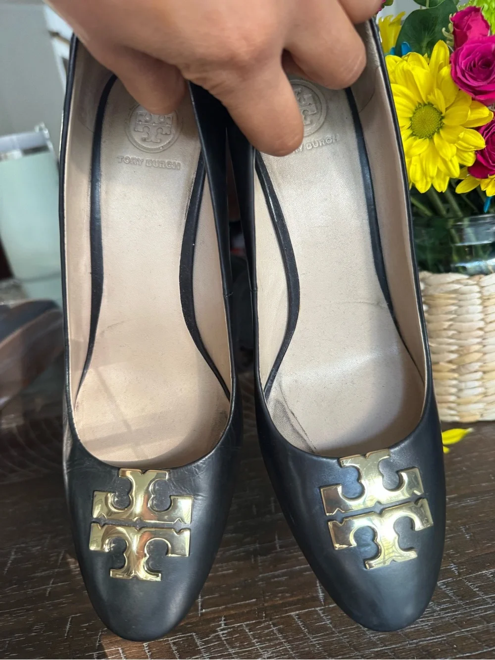 Tory Burch Black Leather Pumps with Gold Logo Accent